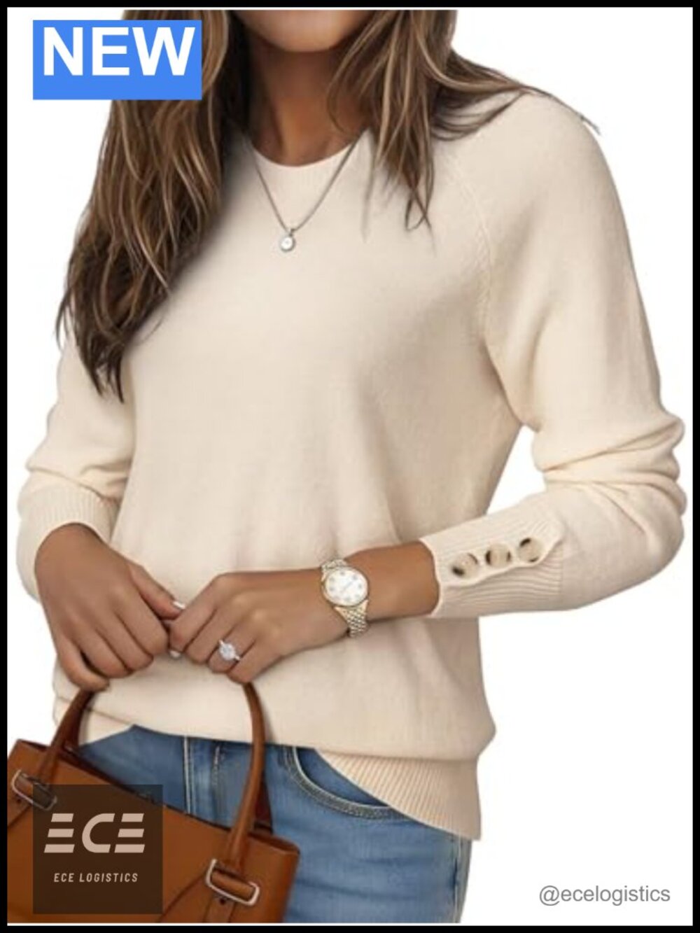 Women's Crewneck Knit Pullover Sweater Button Cuff Long Sleeve